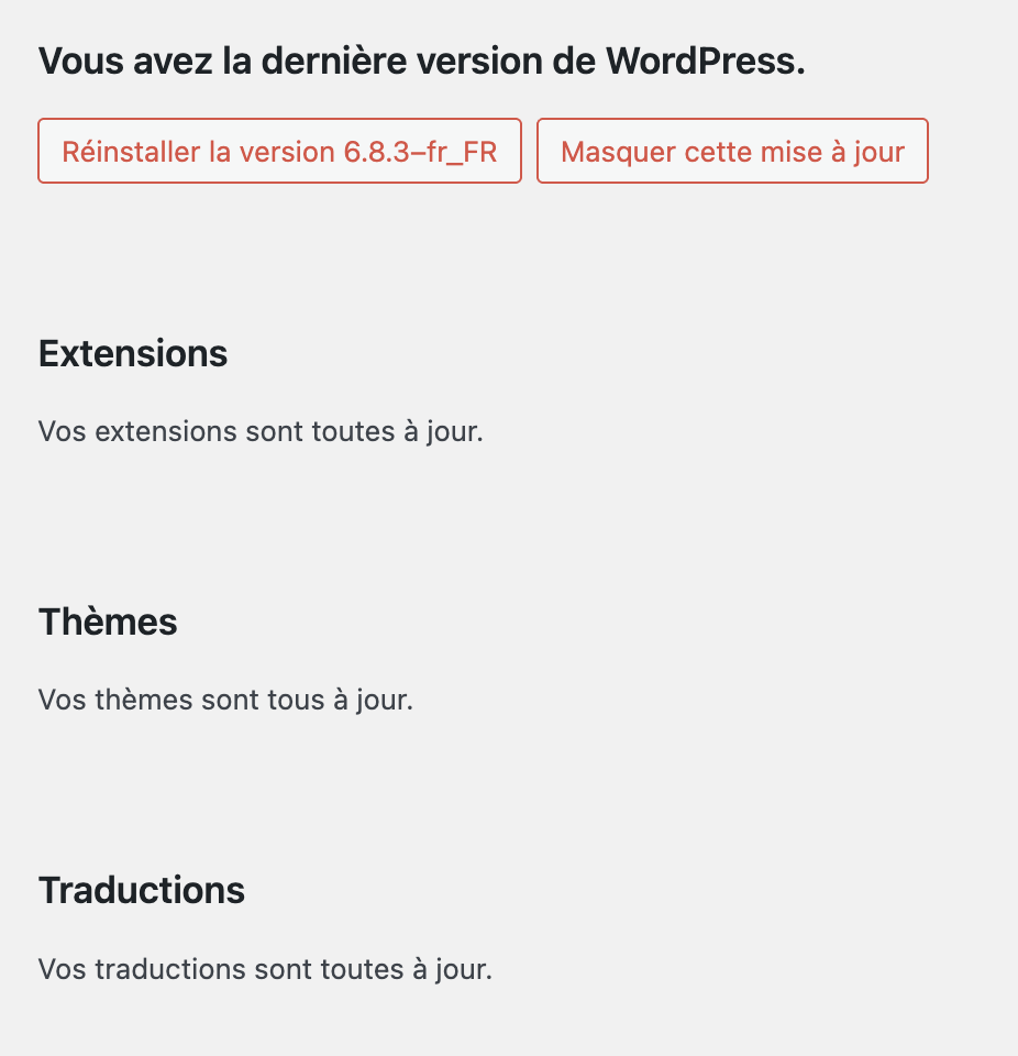 Vous avez la dernière version de WordPress, vos extensions et votre thème sont à jour !